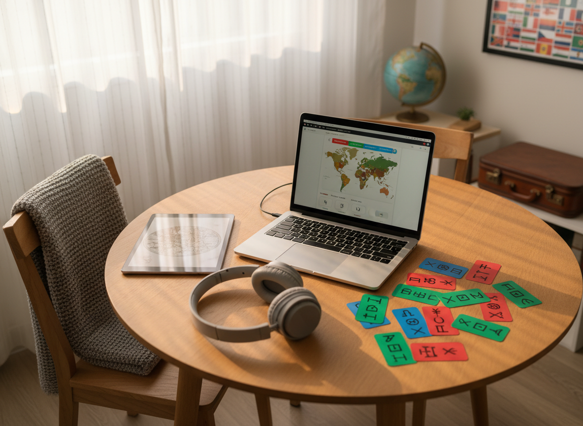 A round wooden dining table transformed into a home classroom, holding an open laptop, a tablet displaying a stylized map of the world, and color-coded flashcards with abstract symbols instead of letters. A pair of comfortable over-ear headphones rests on a folded, textured gray blanket draped over the chair, suggesting long, focused sessions. Late afternoon golden light streams through sheer curtains, creating warm highlights on the devices and soft shadows on the table surface. In the softly blurred background, a neat living room with a few travel-themed decorations reinforces the global language-learning theme. Photographic realism, shot from a three-quarter overhead angle, cozy yet efficient mood, capturing the comfort of studying languages from home with simple, accessible tools.