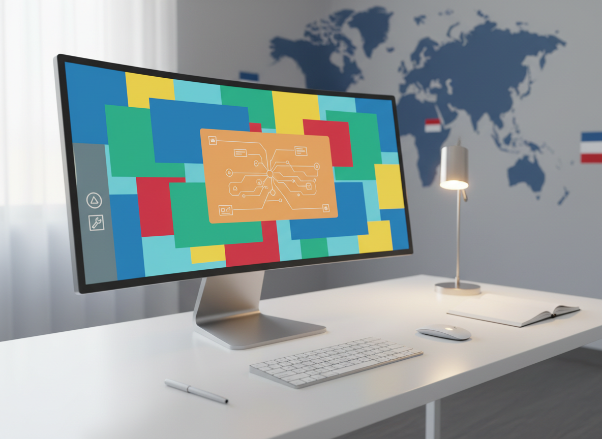 A large ultra-wide computer monitor on a clean white desk shows an abstract online group class interface with multiple colorful rectangles suggesting participants and a central panel indicating a shared lesson, all without any legible text or faces. Simple icons for chat and tools are represented by geometric shapes. Beside the monitor, a sleek keyboard, wireless mouse, and a small notepad with a pen rest in precise alignment. Soft neutral daylight from an unseen window provides diffused, even illumination, while a subtle desk lamp adds a warm accent. The background includes a blurred world map mural and a few small flags rendered as color blocks. Photographic realism, slightly elevated angle, professional and collaborative atmosphere emphasizing easy-to-use digital tools for group language learning.