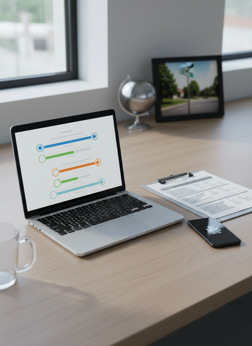 A minimalist virtual classroom control center on a spacious desk, designed to represent free, selected enrollment language programs. A laptop screen shows an abstract dashboard with colored progress bars and circular indicators, avoiding readable text. Next to it, a clipboard with neatly arranged printed pages features only lines and blocks, symbolizing application forms, alongside a slim smartphone with a stylized notification icon. Cool, diffused daylight from a large side window illuminates the scene, creating crisp, professional shadows and light reflections on metallic and glass surfaces. In the background, slightly out of focus, is a small globe and a framed image of a serene suburban street sign hinting at Villa Rica, GA, rendered without legible wording. Photographic realism, eye-level composition, organized and trustworthy mood, emphasizing clarity and structure in managing student access.